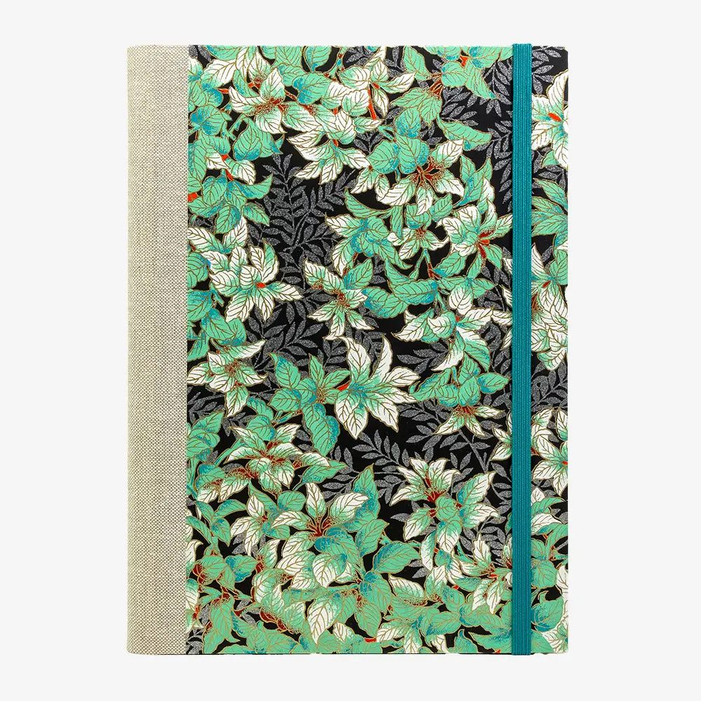 Skizzenbuch-leer-17x24cm-192seiten-cover-mit-Chiyogami-Papier-Motiv-Botanical-gruen-silber-auf-schwarz