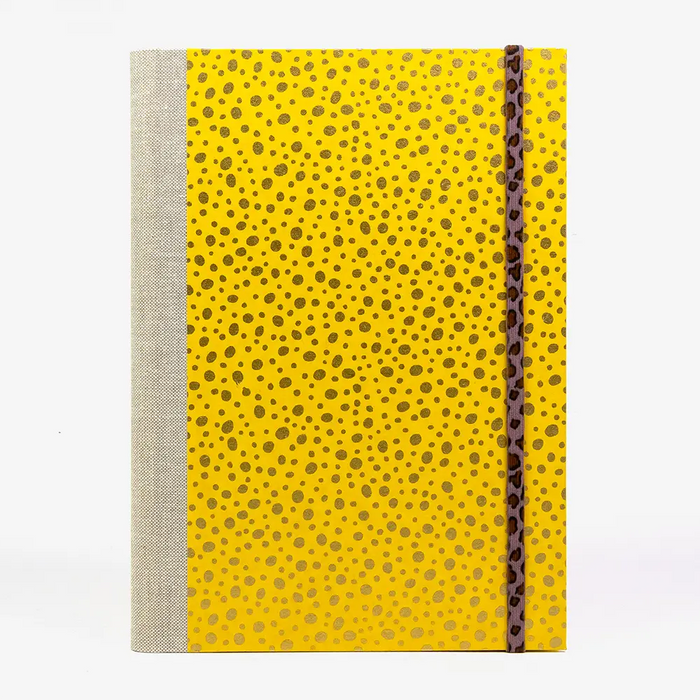 Notizbuch-17x24-liniert-160 Seiten-Chiyogami -Papier-Design:- Polka -Dots -Gold -auf- Gelb-Cover-von-vorn