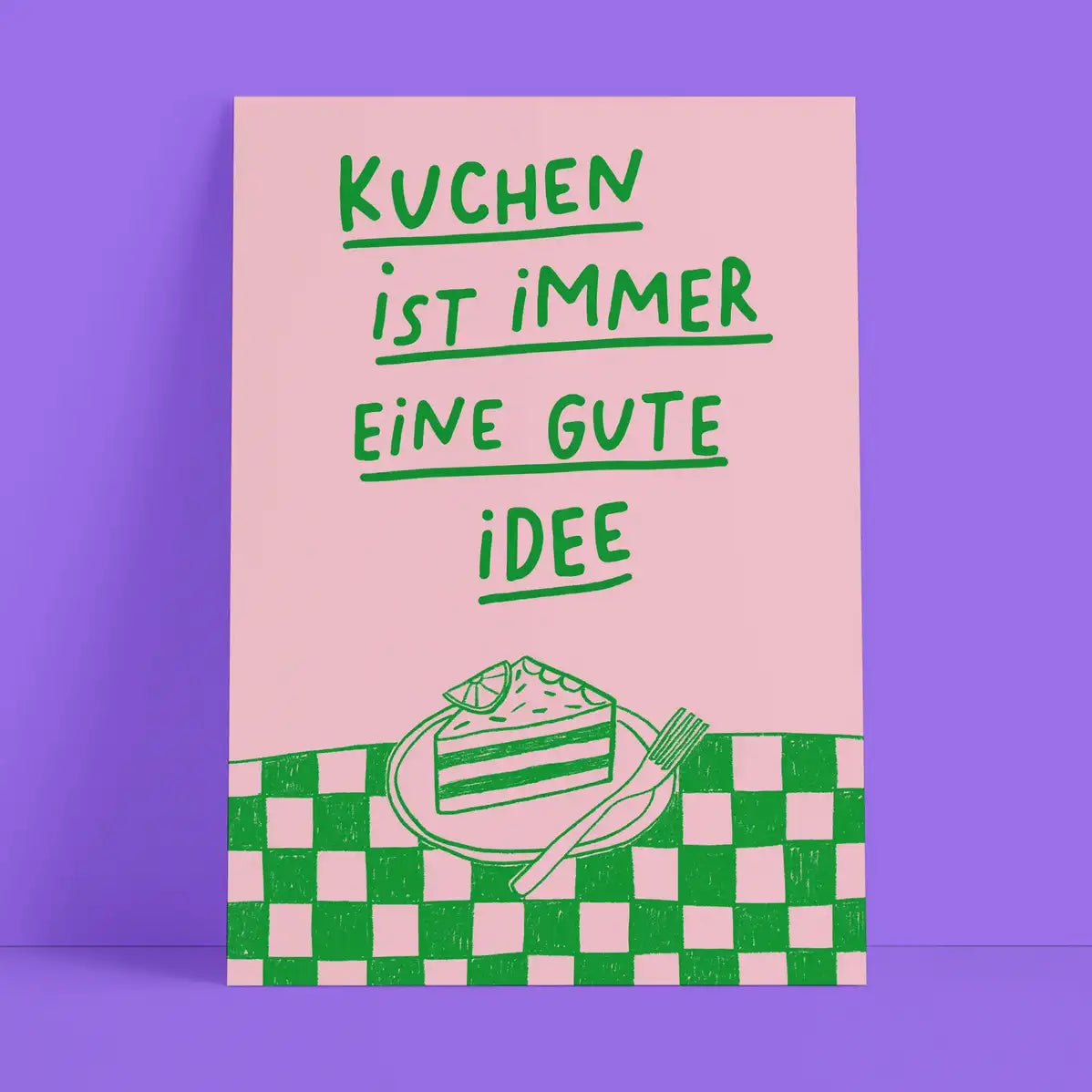 Studio-Danii-Postkarte-Alltaeglich-Motiv-Kuchen-essen-rosa-A6-Flieder-Hintergrund