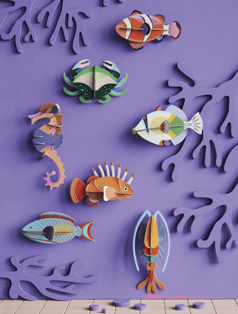 Studio-Roof-Ornament-3d-Object-Meerestiere-Clownfish-und-andere-Meeresbewohner-aufgebaut-Produktansicht-Beispielfoto-an-einer-wand