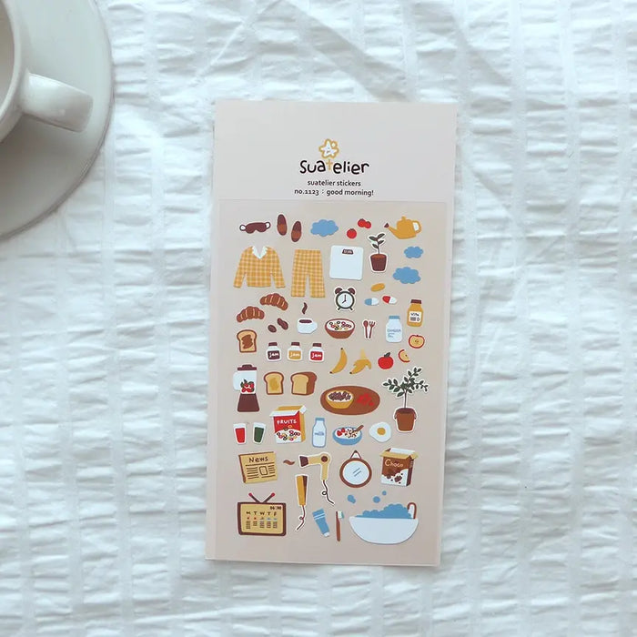Suatellier-dailyl-Sticker-1123-good-morning-Stickerbogen-mit-Sticker-Produktansicht-mit-Verpackung