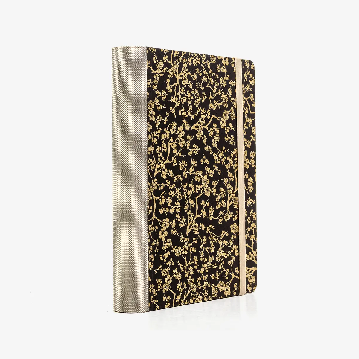 Tagesplaner-12x16_5cm-spaltenaufteilung-Cover-Chiyogami-Motiv-Sakurazweig-Gold-auf-schwarz-seitlich-hinten