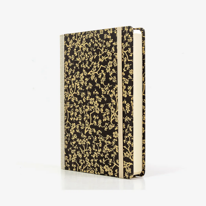Tagesplaner-12x16_5cm-spaltenaufteilung-Cover-Chiyogami-Motiv-Sakurazweig-Gold-auf-schwarz-seitlich-vorn