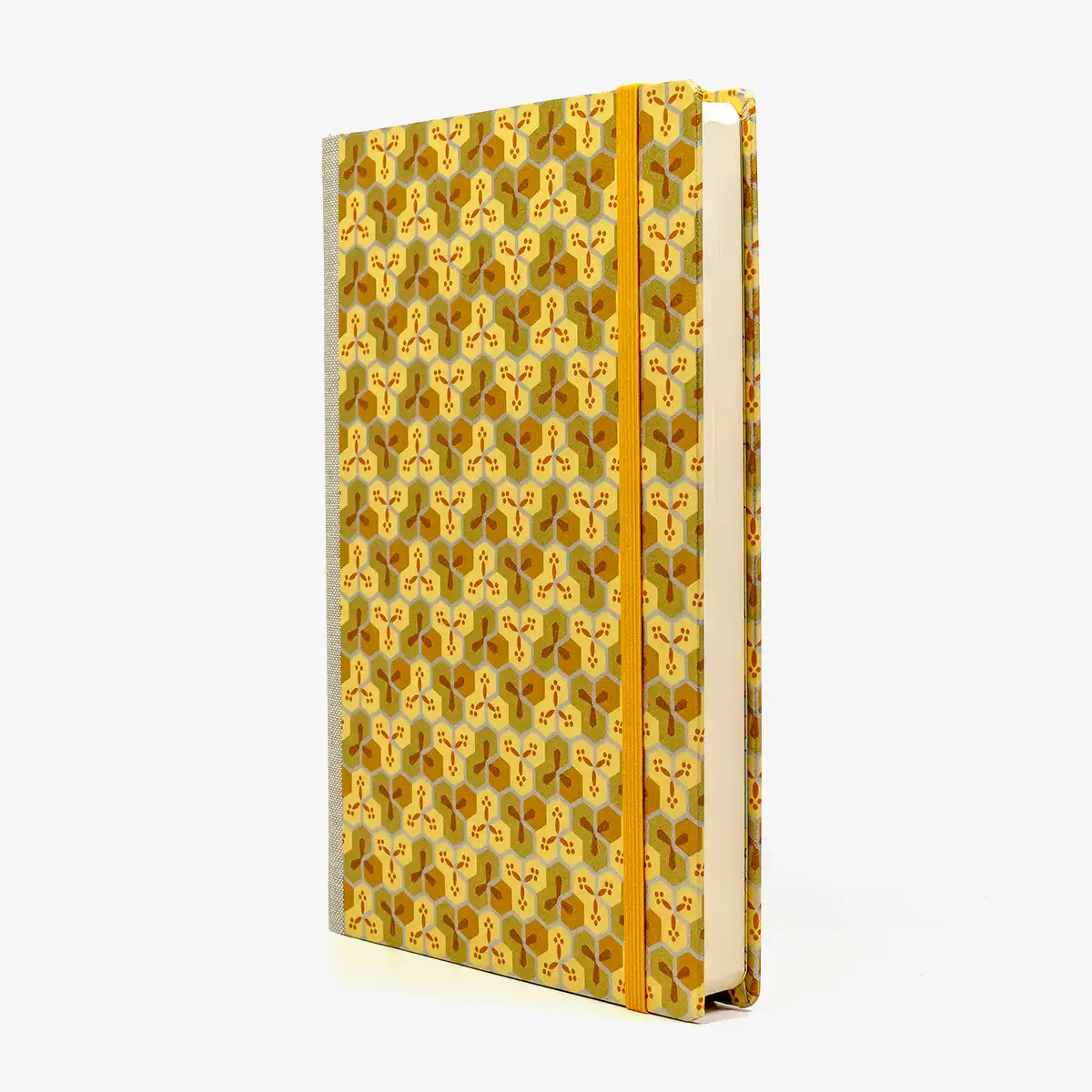 Tagesplaner-2027-A5-klassisch-cover-Chiyogami-Motiv-Bogen1084C-Bienenwabenmuster-gold-kupfer-silber-seitlich-von-vorn
