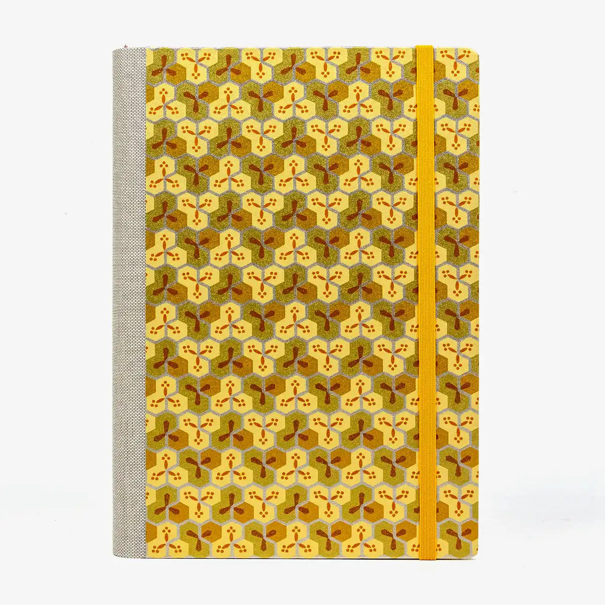 Tagesplaner-2027-A5-klassisch-cover-Chiyogami-Motiv-Bogen1084C-Bienenwabenmuster-gold-kupfer-silber-von-vorn