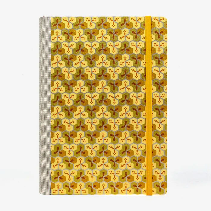 Tagesplaner-2027-A5-klassisch-cover-Chiyogami-Motiv-Bogen1084C-Bienenwabenmuster-gold-kupfer-silber-von-vorn