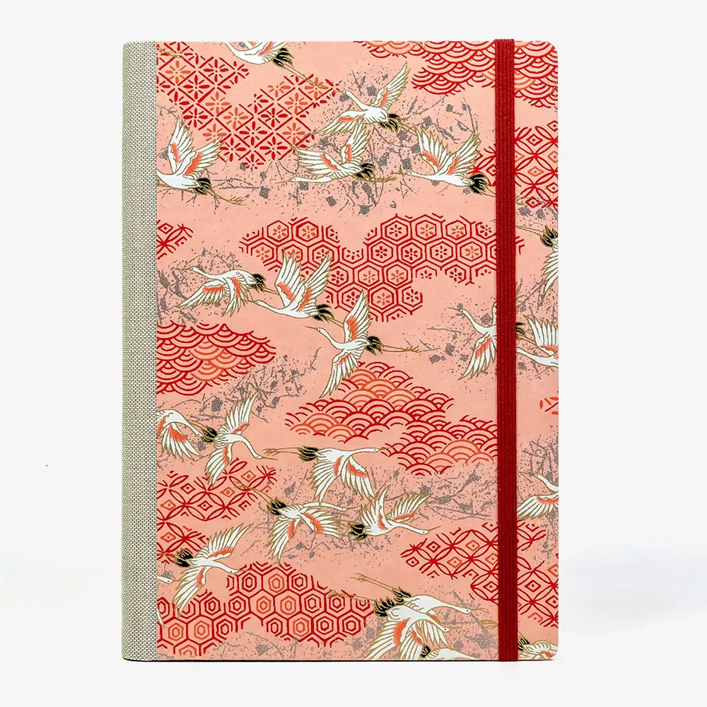 Tagesplaner-2027-A5-klassisch-cover-Chiyogami-Motiv-Kraniche-Pink-von-vorn