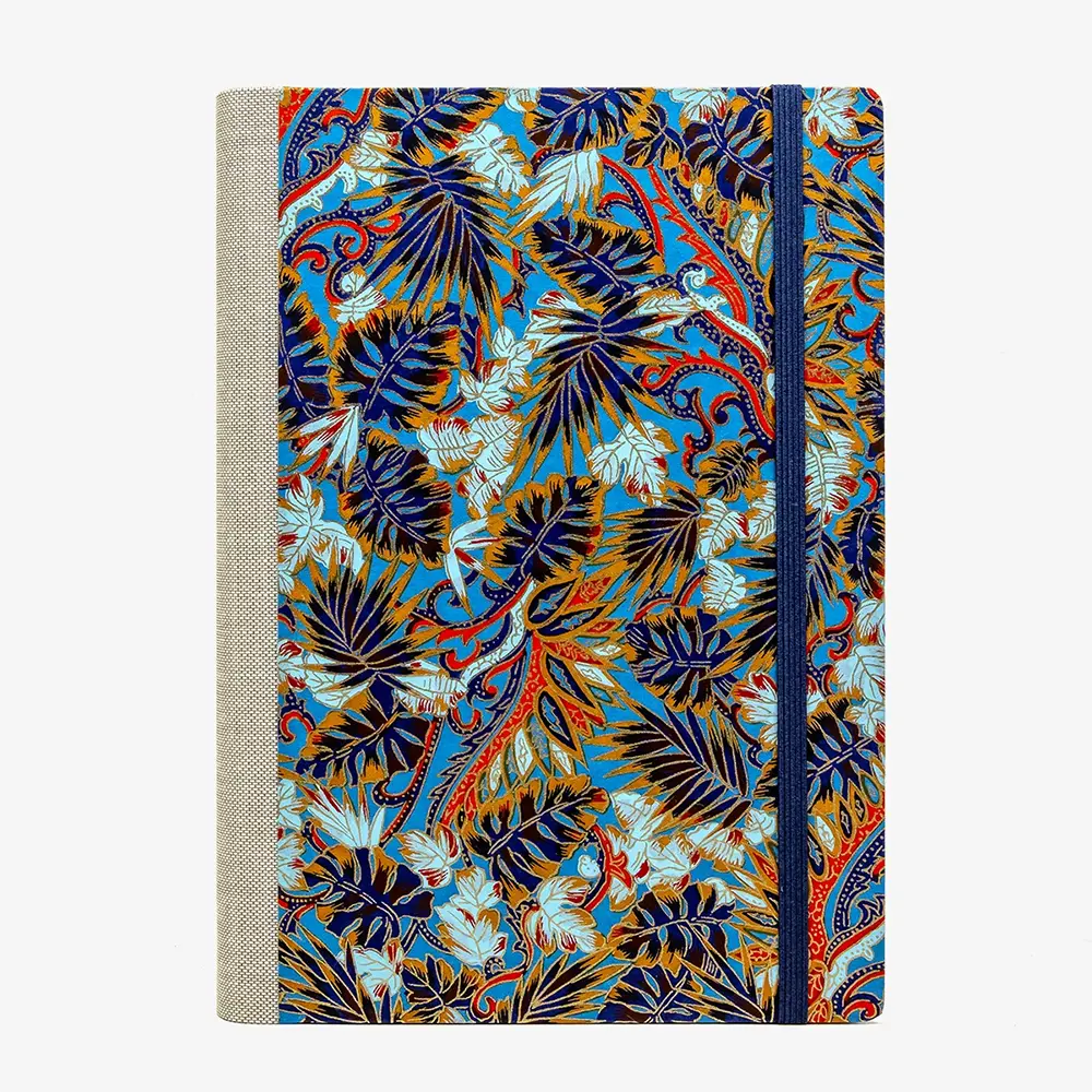 Tagesplaner-2027-A5-klassisch-cover-Chiyogami-Motiv-Monstera-blau-von-vorn