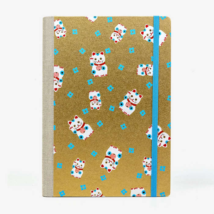 Tagesplaner-2027-A5-klassisch-cover-Chiyogami-Motiv-winkekatze-auf-gold-von-vorn