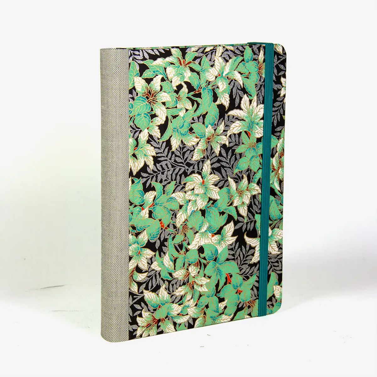 Tagesplaner-A5-Pflanzen-gruen-silber-auf-schwarz-Cover-seitlich-von-hinten