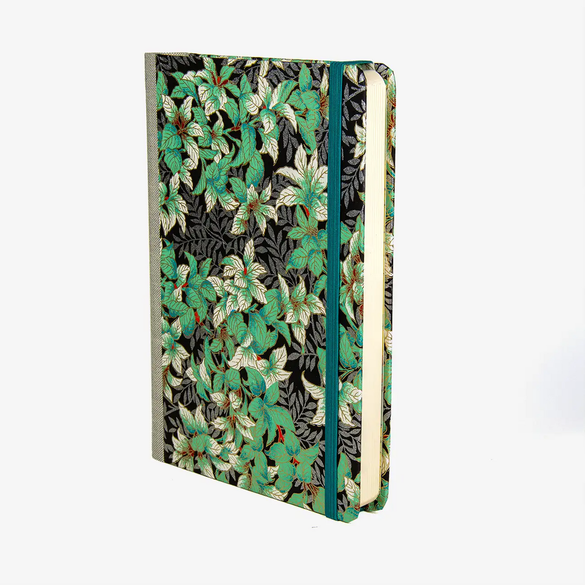 Tagesplaner-A5-Pflanzen-gruen-silber-auf-schwarz-Cover-seitlich-von-vorn