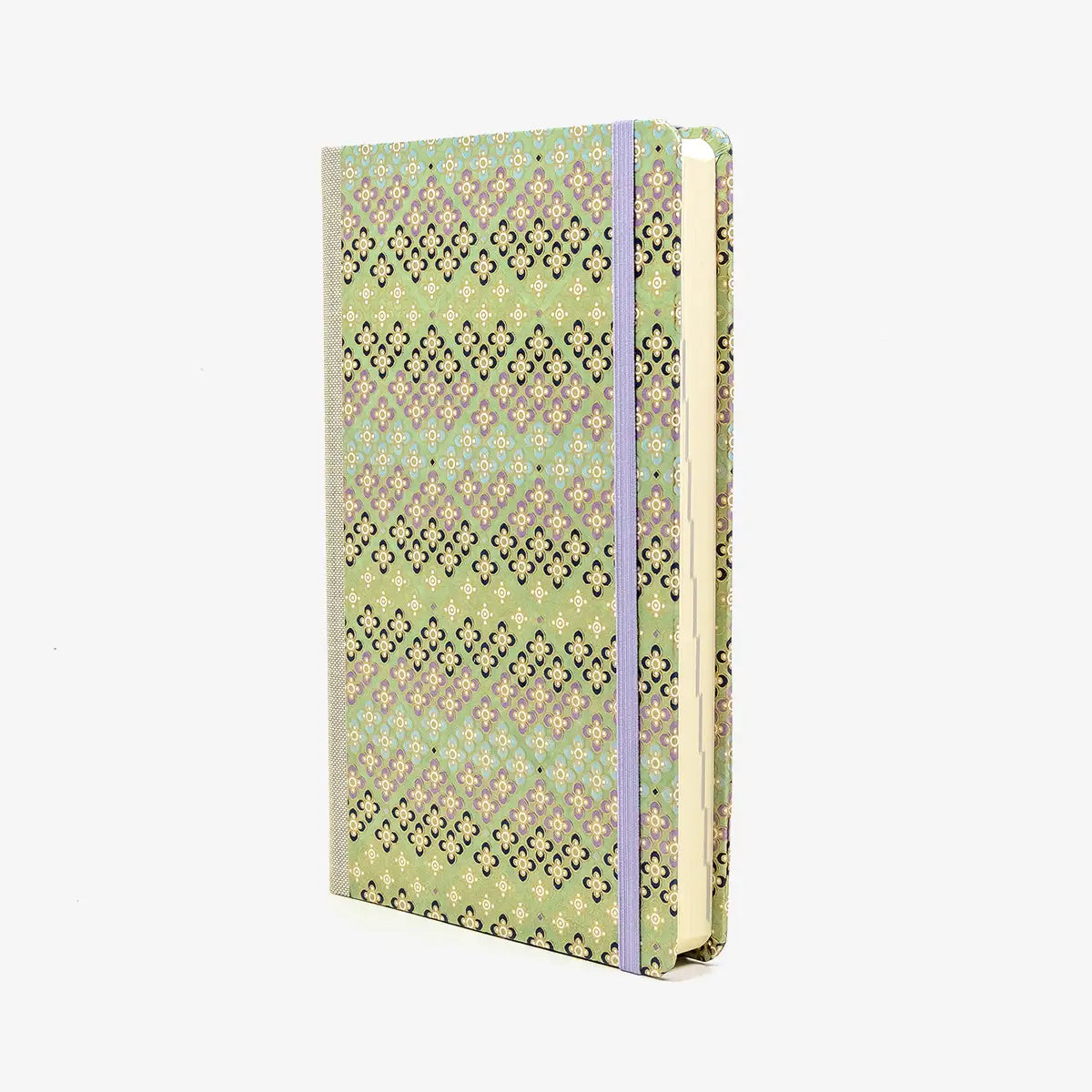Tagesplaner-A5small-cover-.Chiyogami-Motiv-Bogen-1037C-Bluetenpattern-gruen-seitlich-von-vorn