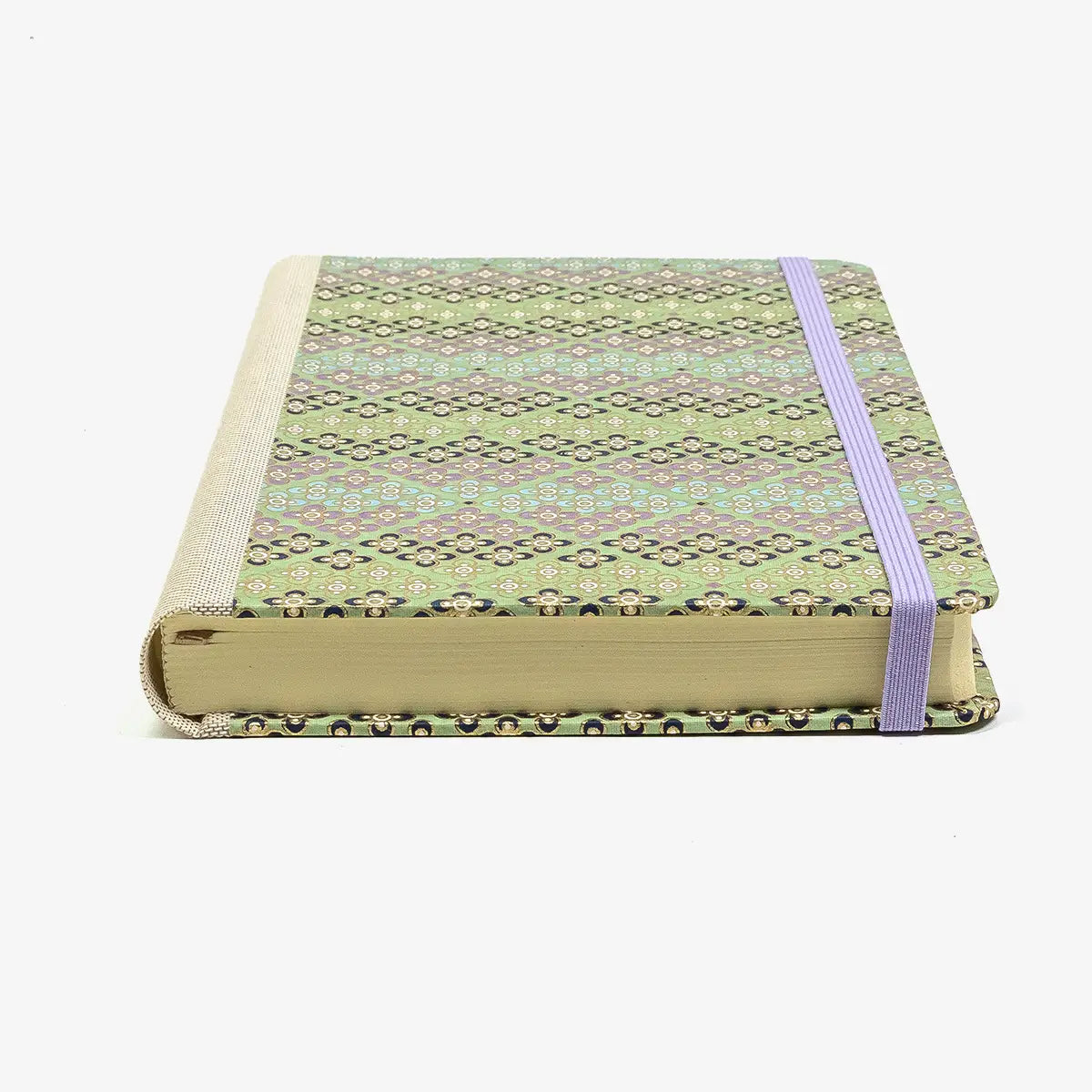 Tagesplaner-A5small-cover-.Chiyogami-Motiv-Bogen-1037C-Bluetenpattern-gruen-von-vorn-liegend
