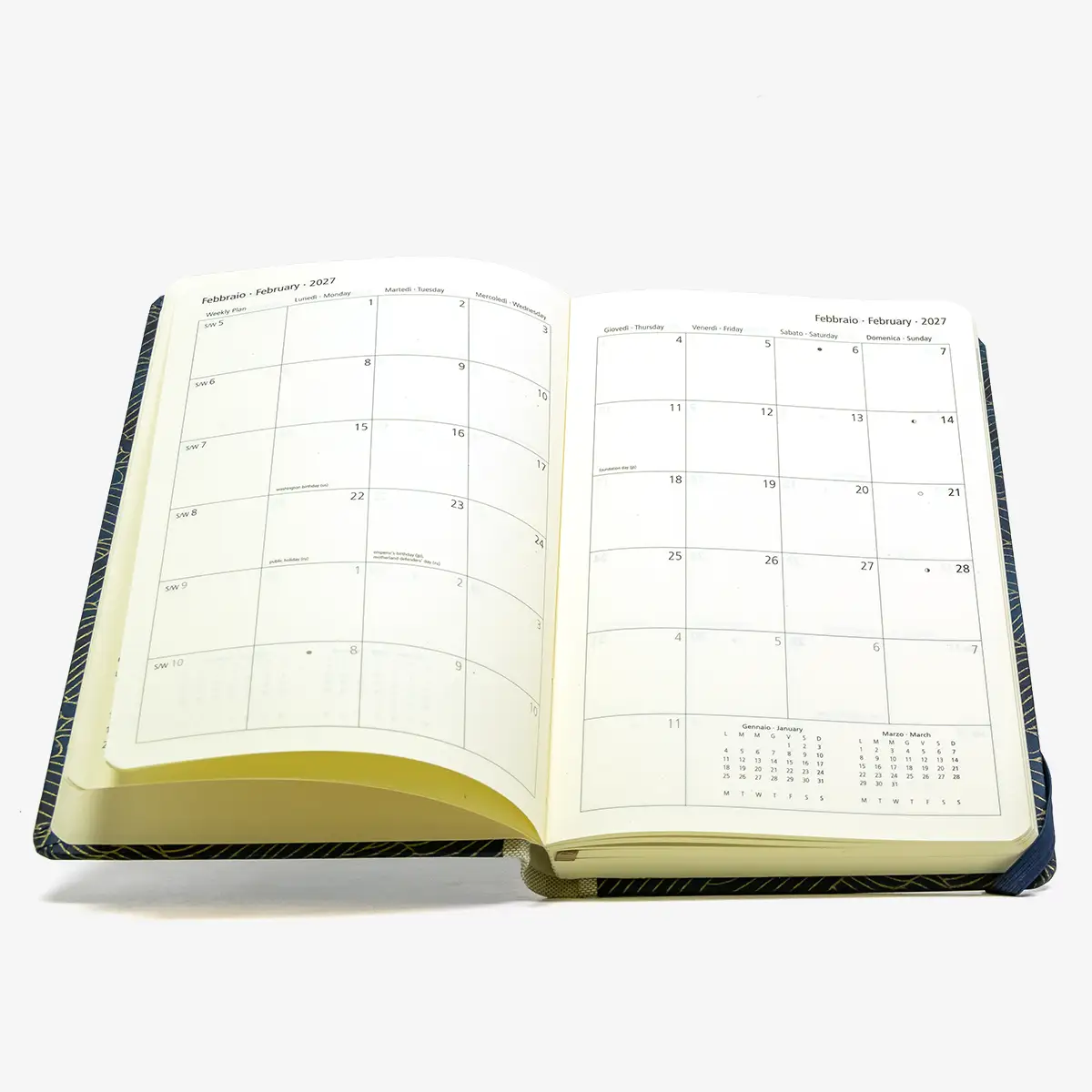 Tagesplaner-A5small-cover-.Chiyogami-Motiv-Nami-gold-auf-changierenden-Blau-Innenansicht-Monatsuebersicht