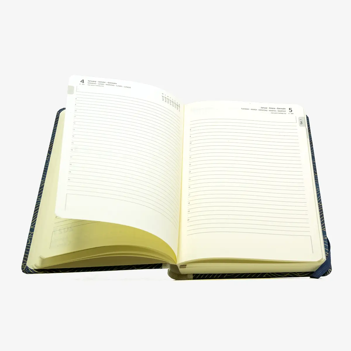 Tagesplaner-A5small-cover-.Chiyogami-Motiv-Nami-gold-auf-changierenden-Blau-Innenansicht-Tagesansicht