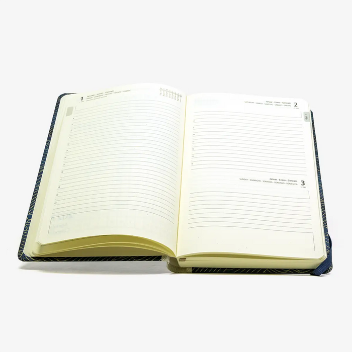 Tagesplaner-A5small-cover-.Chiyogami-Motiv-Nami-gold-auf-changierenden-Blau-Innenansicht-Tagesansicht-Samstag-Sonntag