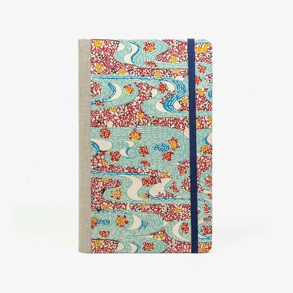 Tagesplaner-A5small-cover-.Katazome-Shi-Motiv-Wasserlandschaft-blau-Rot-von-vorn