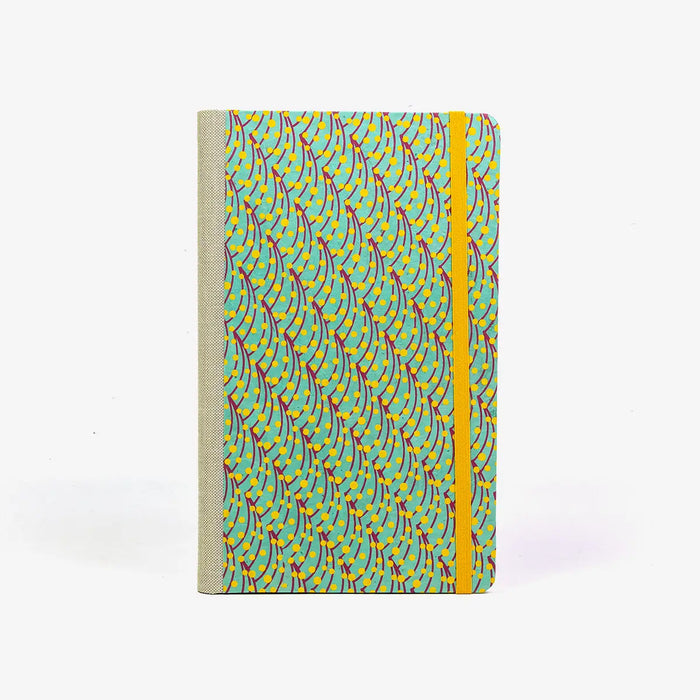 Tagesplaner-A5small-cover-Lokta-papier-Motiv-Beeren-Tigergelb-von-vorn