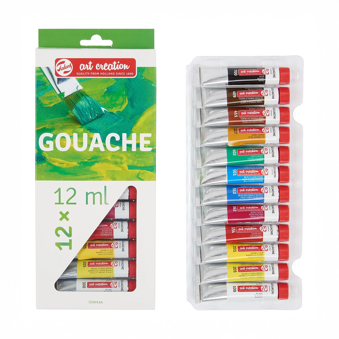 Talens-Art-Creation-Set-Gouache-12x12ml-Verpackung-Blister-vorn-undInhalt-Produktansicht_