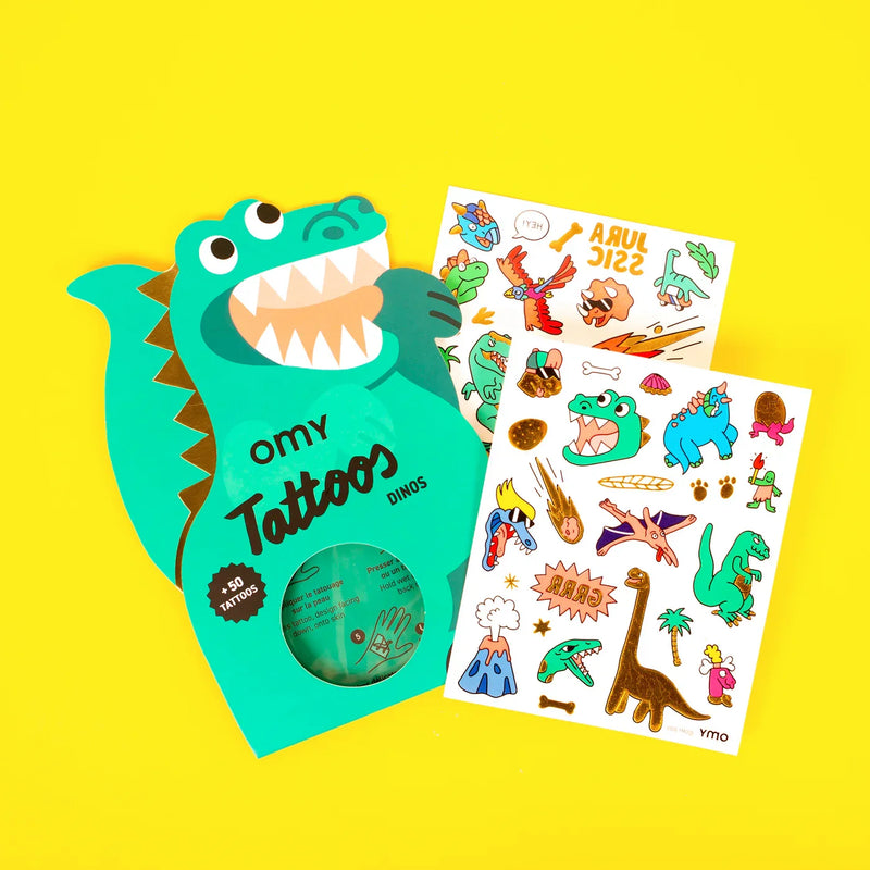 Temporaere-Tattoos-Dino-50-Tattoos-glittzern-neon-Produkt-und-Verpackung