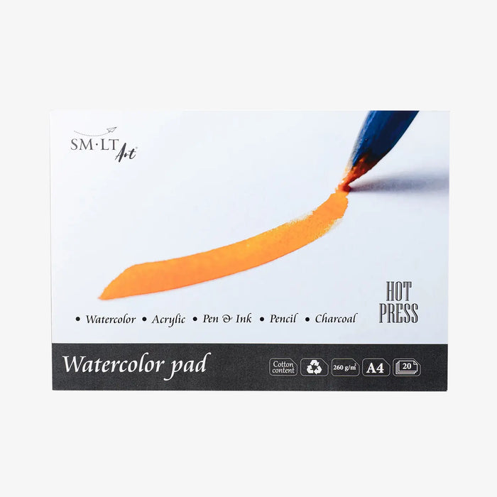 Traditionally-made-hot-press-Watercolor-pad-Smlt-Art-A4-20Blatt-260grm-cover-front-Produktansicht