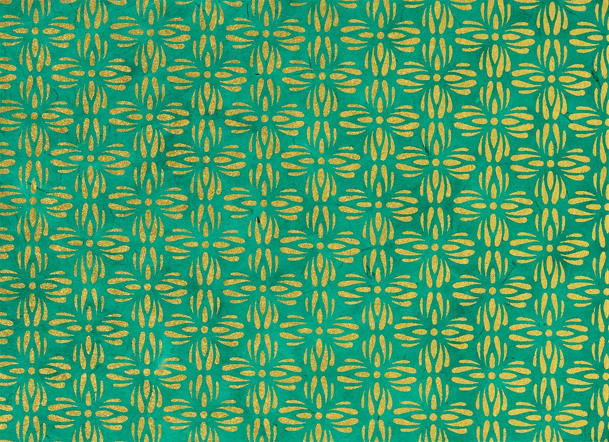 Tudi-Billo-Lokta-Papier-Bogen-abstrakte-Blueten--gold-auf-gruen-Ansicht