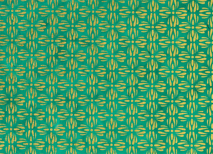 Tudi-Billo-Lokta-Papier-Bogen-abstrakte-Blueten--gold-auf-gruen-Ansicht