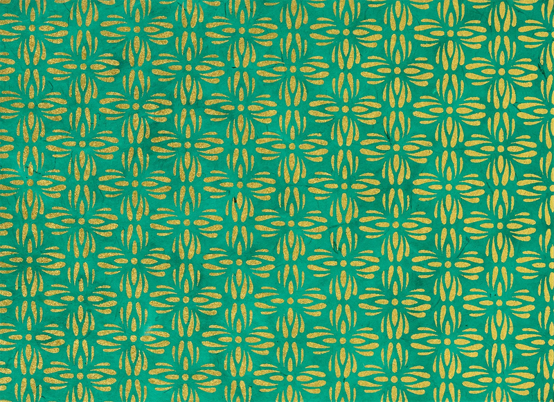 Tudi-Billo-Lokta-Papier-Bogen-abstrakte-Blueten--gold-auf-gruen-Ansicht