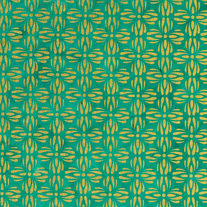 Tudi-Billo-Lokta-Papier-Bogen-abstrakte-Blueten--gold-auf-gruen-quadratische-Ansicht