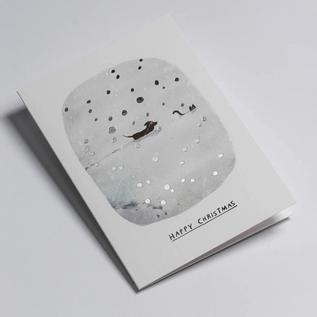 Weihnachtskarte-Deep-Snow-Cat-Dog-Klappkarte-mit-Umschlag-lagom-Format-A6-John-Bond-Text-happy-chrismas-Produktansicht-liegend