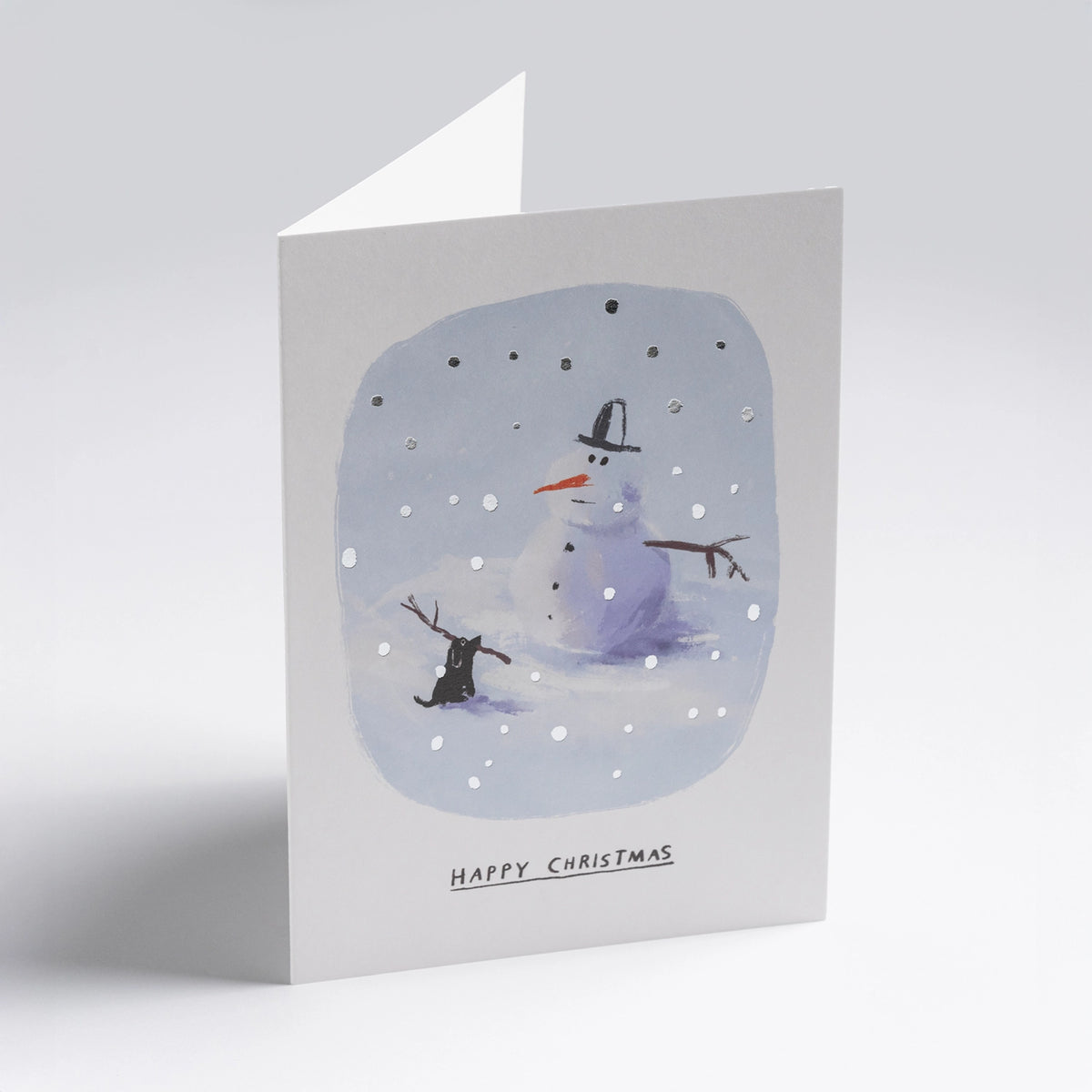 Weihnachtskarte-Snowman-Dog-Klappkarte-mit-Umschlag-lagom-Format-A6-John-Bond-Text-happy-chrismas-Produktansicht-aufgestellt