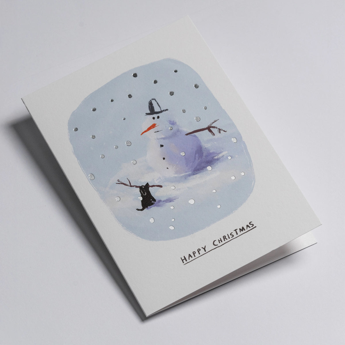 Weihnachtskarte-Snowman-Dog-Klappkarte-mit-Umschlag-lagom-Format-A6-John-Bond-Text-happy-chrismas-Produktansicht-liegend