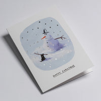 Weihnachtskarte-Snowman-Dog-Klappkarte-mit-Umschlag-lagom-Format-A6-John-Bond-Text-happy-chrismas-Produktansicht-liegend