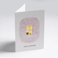 Weihnachtskarte-Snowy-Window-Cat_Dog-Klappkarte-mit-Umschlag-lagom-Format-A6-John-Bond-Text-happy-chrismas-Produktansicht-aufgestellt