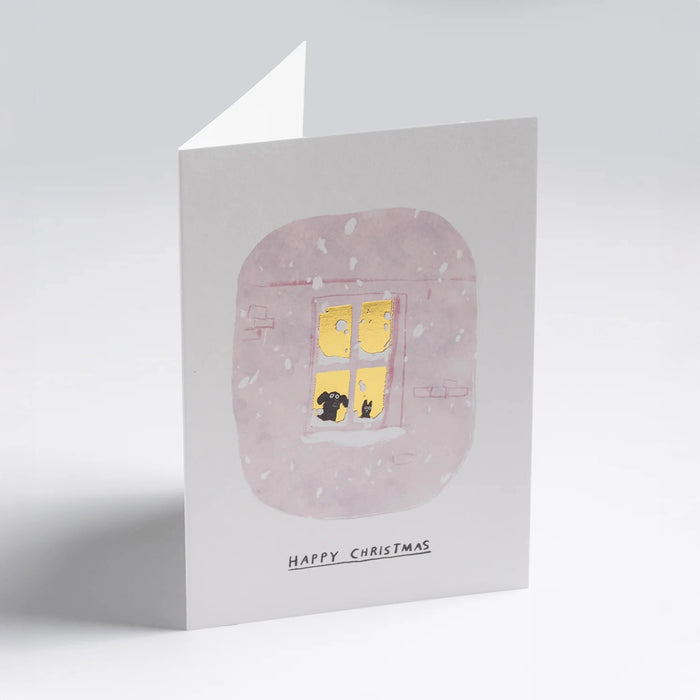 Weihnachtskarte-Snowy-Window-Cat_Dog-Klappkarte-mit-Umschlag-lagom-Format-A6-John-Bond-Text-happy-chrismas-Produktansicht-aufgestellt