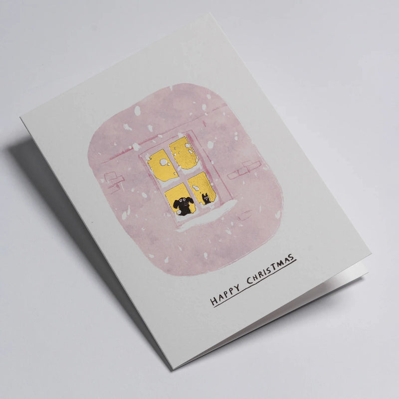 Weihnachtskarte-Snowy-Window-Cat_Dog-Klappkarte-mit-Umschlag-lagom-Format-A6-John-Bond-Text-happy-chrismas-Produktansicht-hingelegt