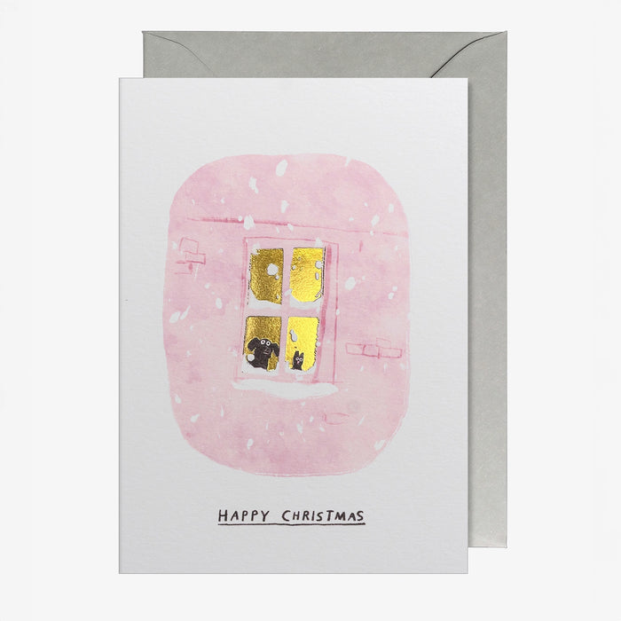 Weihnachtskarte-Snowy-Window-Cat_Dog-Klappkarte-mit-Umschlag-lagom-Format-A6-John-Bond-Text-happy-chrismas-Produktansicht