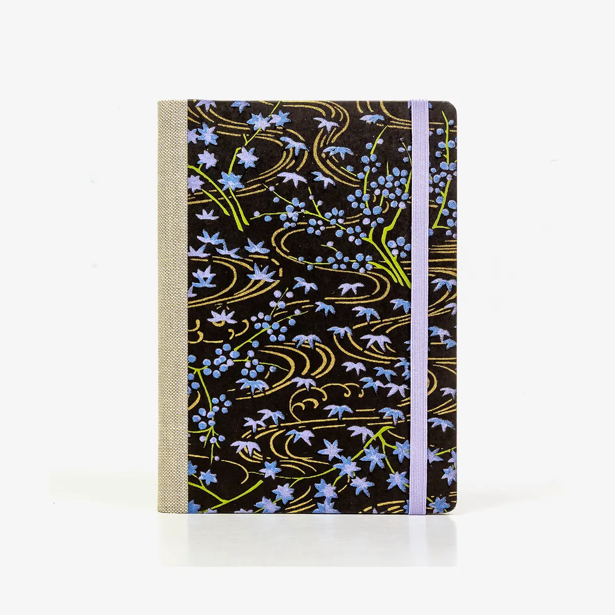 Wochenplaner-12x16_5cm-spaltenaufteilung-Cover-Chiyogami-Motiv-Flusslandschaft-Flieder-auf-schwarz