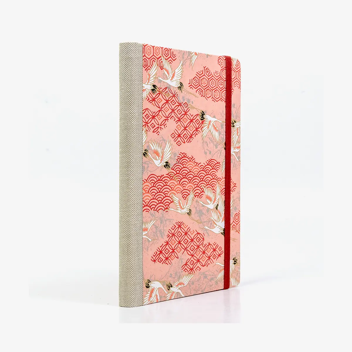 Wochenplaner-12x16_5cm-spaltenaufteilung-Cover-Chiyogami-Motiv-Kraniche-weiss-silber-auf-pink-seitlich-hinten