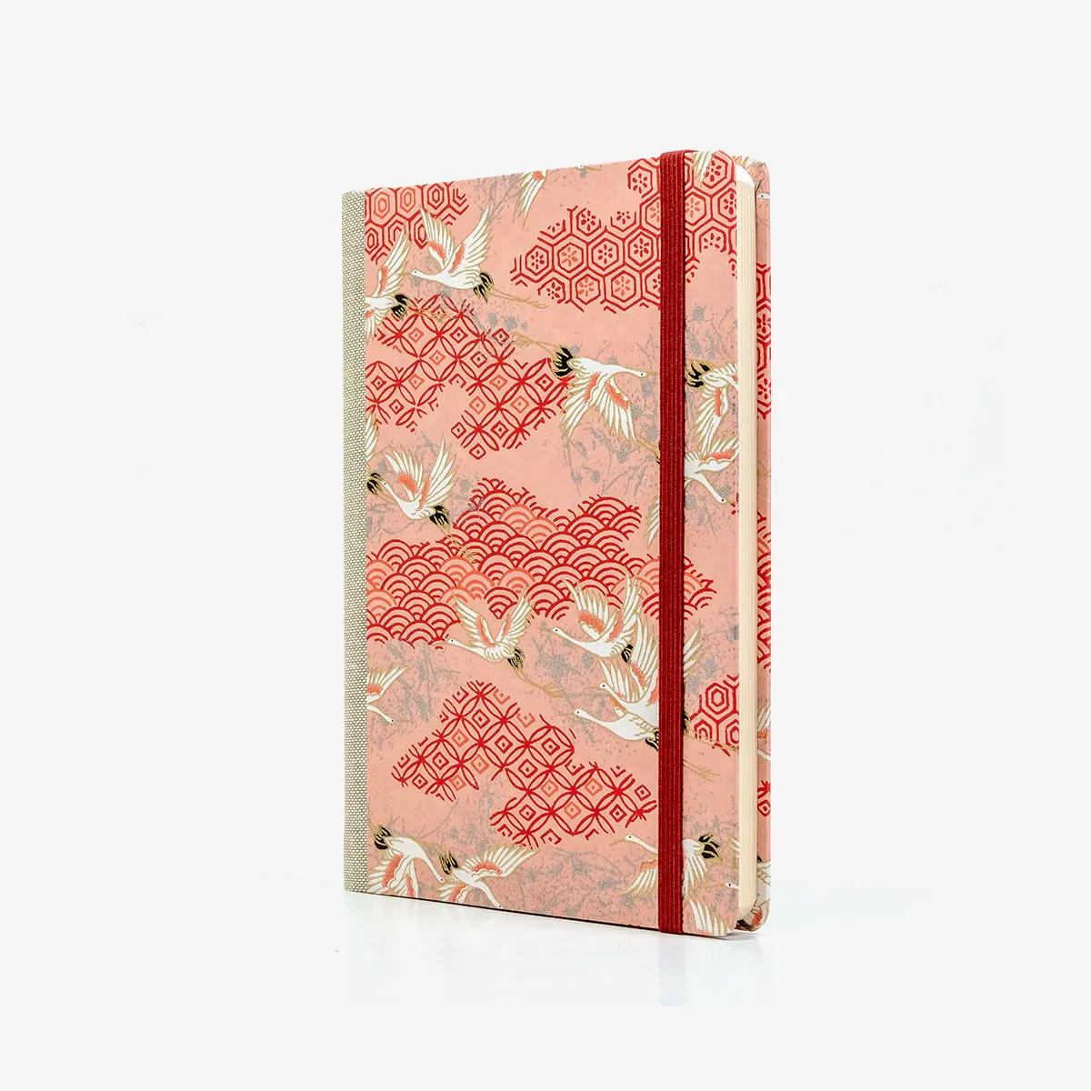 Wochenplaner-12x16_5cm-spaltenaufteilung-Cover-Chiyogami-Motiv-Kraniche-weiss-silber-auf-pink-seitlich-vorn