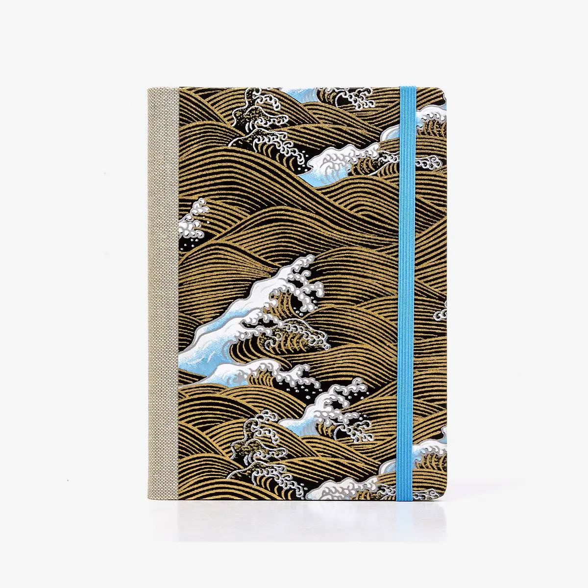 Wochenplaner-12x16_5cm-spaltenaufteilung-Cover-Chiyogami-Motiv-Nami-welle-Gold-blau-weiss-auf-schwarz