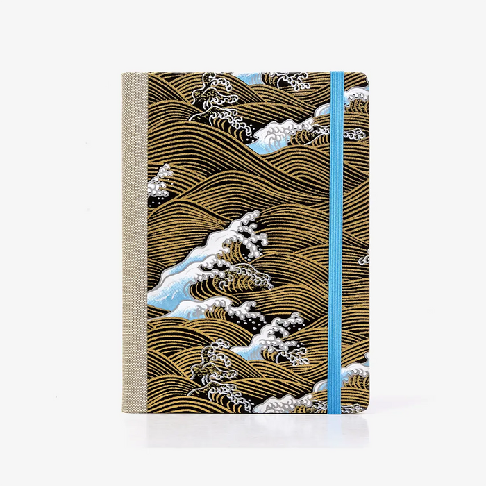 Wochenplaner-12x16_5cm-spaltenaufteilung-Cover-Chiyogami-Motiv-Nami-welle-Gold-blau-weiss-auf-schwarz