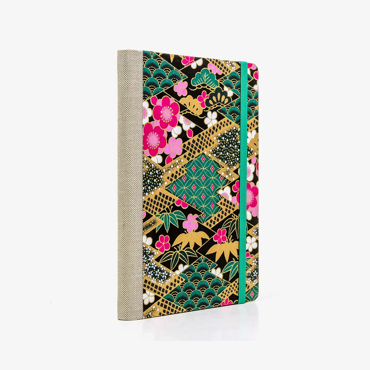 Wochenplaner-12x16_5cm-spaltenaufteilung-Cover-Chiyogami-Motiv-Rauten-mit-Mustern-gruen-seitlich-hinten