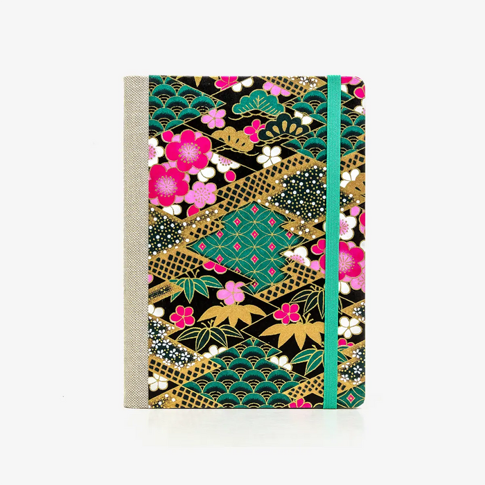 Wochenplaner-12x16_5cm-spaltenaufteilung-Cover-Chiyogami-Motiv-Rauten-mit-Mustern-gruen