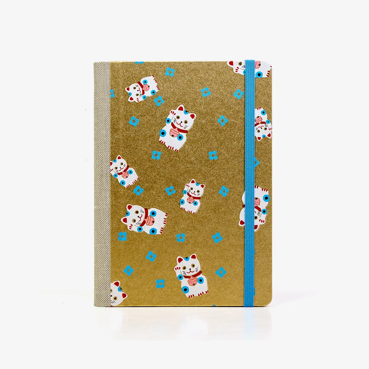 Wochenplaner-12x16_5cm-spaltenaufteilung-Cover-Chiyogami-Motiv-Winkekatze-auf-Gold