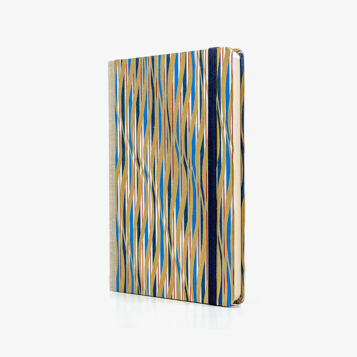Wochenplaner-12x16_5cm-spaltenaufteilung-Cover-Chiyogami-Motiv-gewellte-Striche-gold-rot-blau-weiss-seitlich-vorn