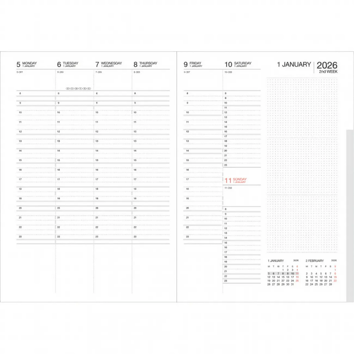 Wochenplaner-16Monate-2025-2026-Diary-A5-Wochenansicht