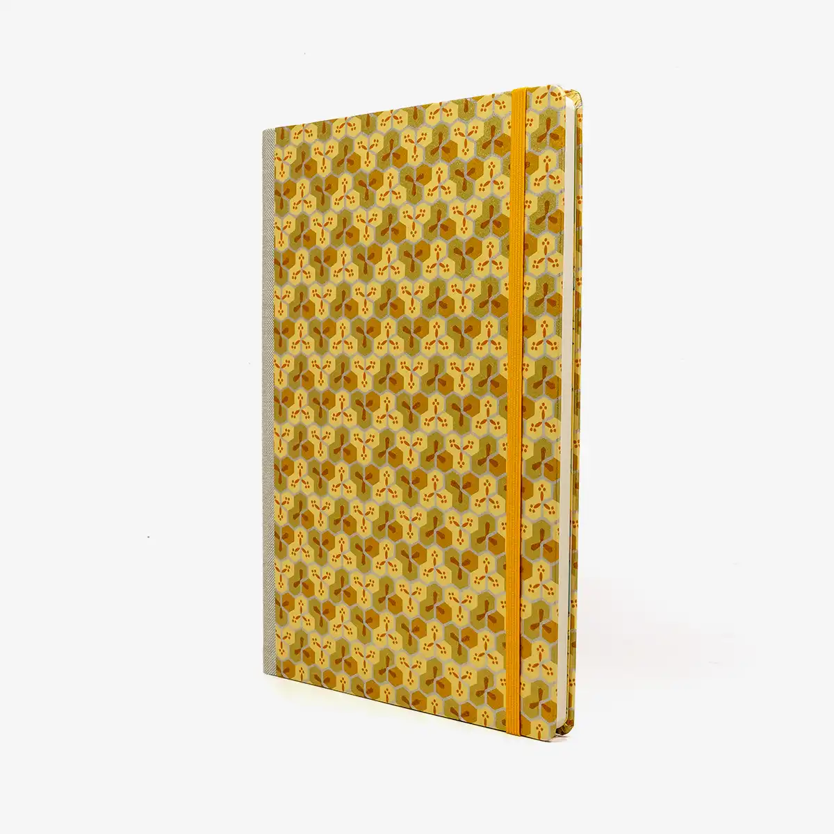 Wochenplaner-17x24cm-cover-Chiyogami-Motiv-Bienenwabenmuster-gold-seitlich-von-vorn