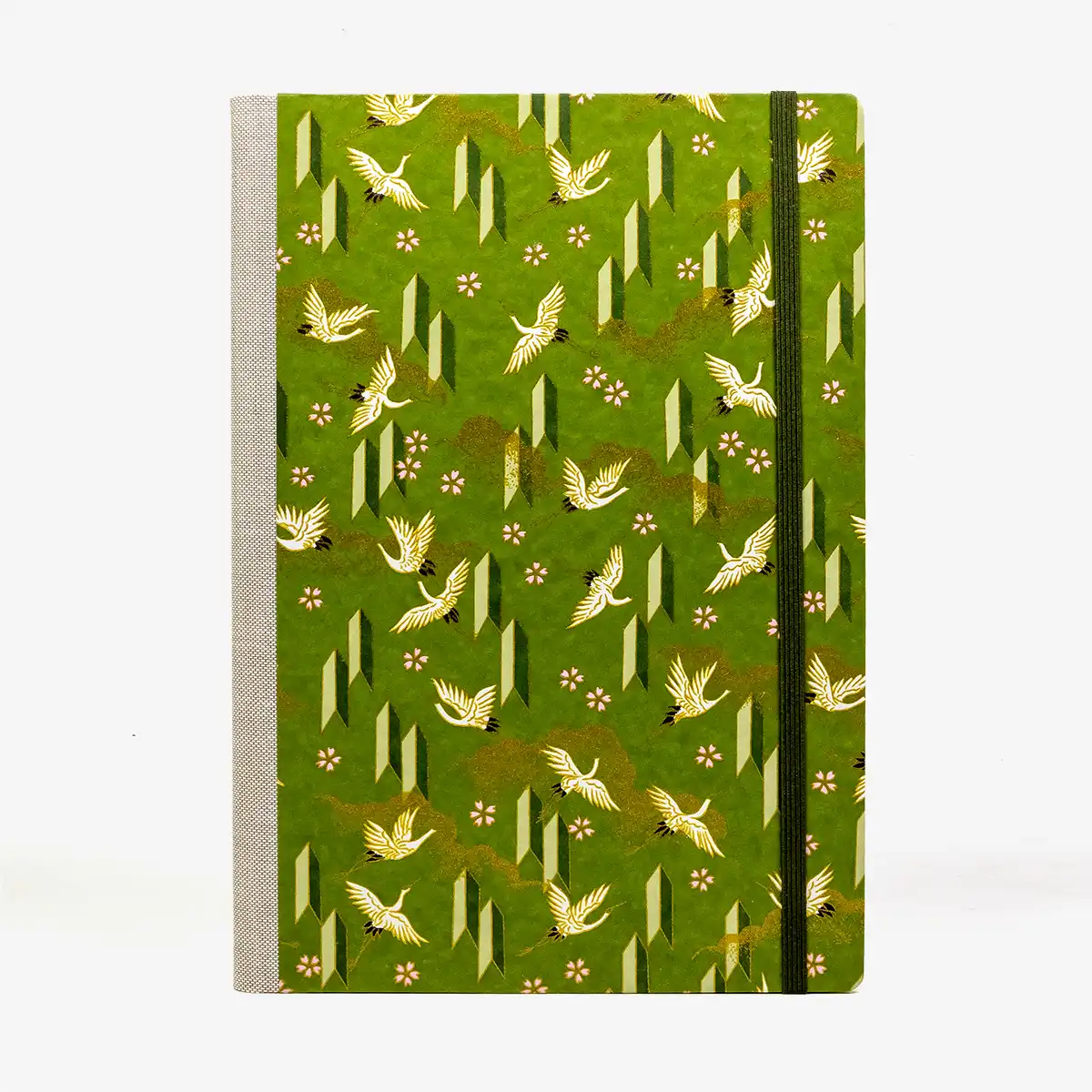 Wochenplaner-17x24cm-cover-Chiyogami-Motiv-Kraniche-weiss-auf-gruen-von-vorn