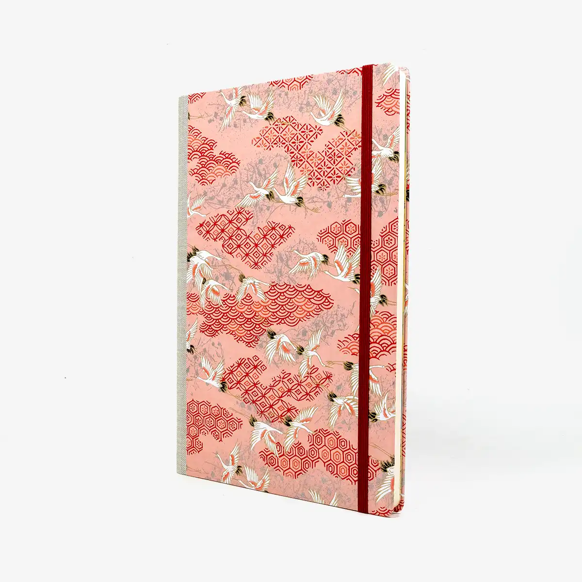 Wochenplaner-17x24cm-cover-Chiyogami-Motiv-Kraniche-weiss-auf-rot-rosa-seitlich-von-vorn
